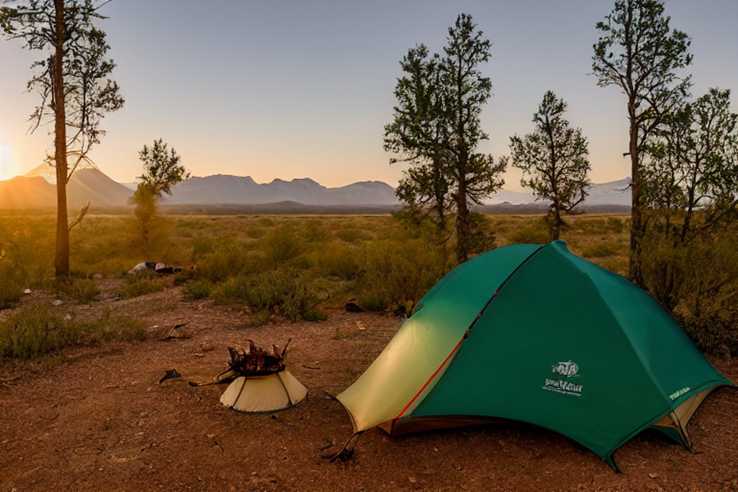 A green tent rests on a paved campsite in the quiet New Mexico desert. A warm campfire glows beside logs, while fog drifts over the rolling hills. A backpack and camping gear box sit nearby, ready for adventure.