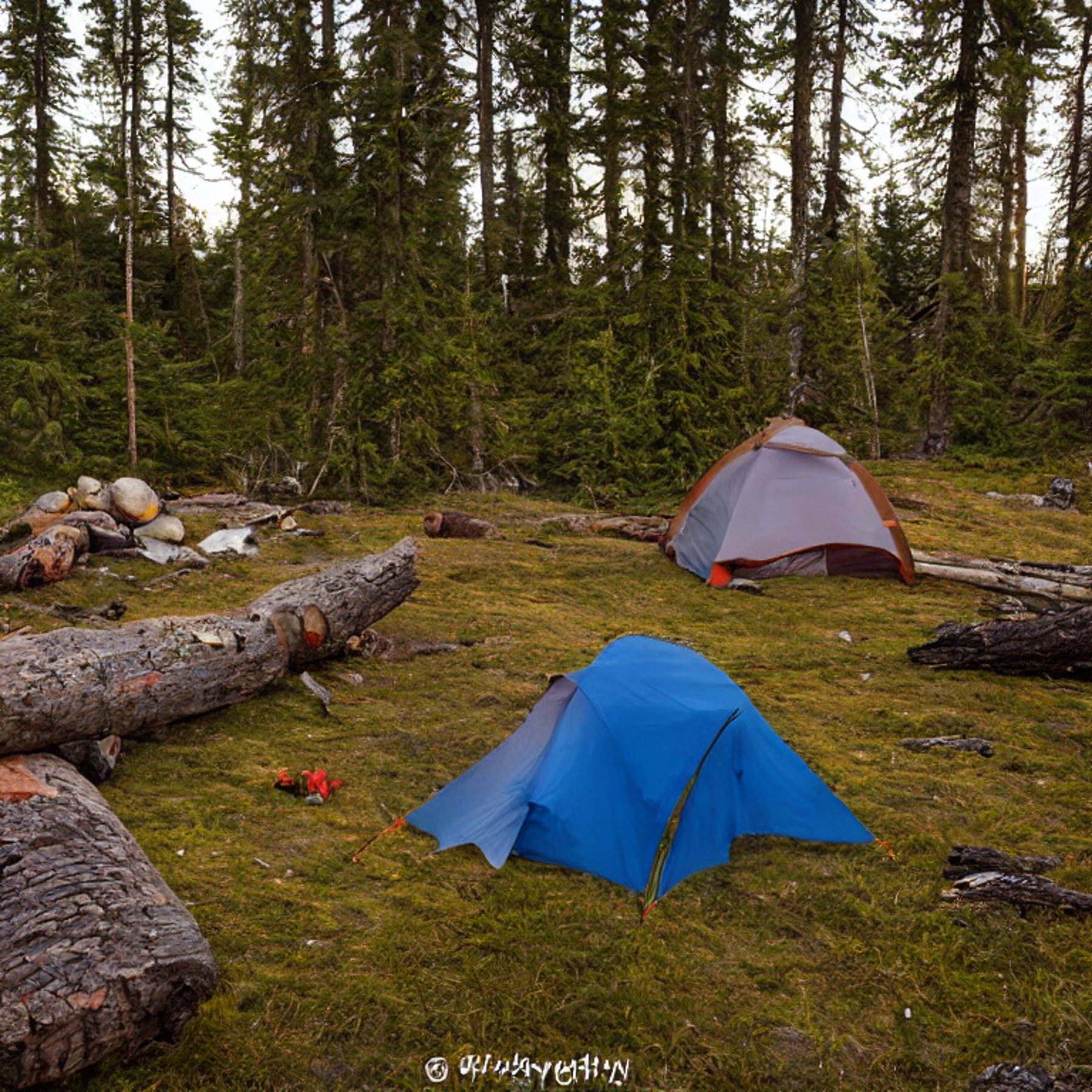 A colorful tent sits beside a warm campfire near a bubbling hot spring. A clear stream winds through the dirt campsite, with a large log nearby. Soft fog, golden light, distant hikers, and a pale moon create a peaceful scene.