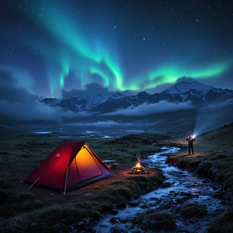 Under the shimmering northern lights, a cozy red tent glows by a crackling campfire next to a gentle stream. Snowy mountains stand tall in the background, wrapped in soft clouds. The starry sky makes this campsite feel like a magical adventure.