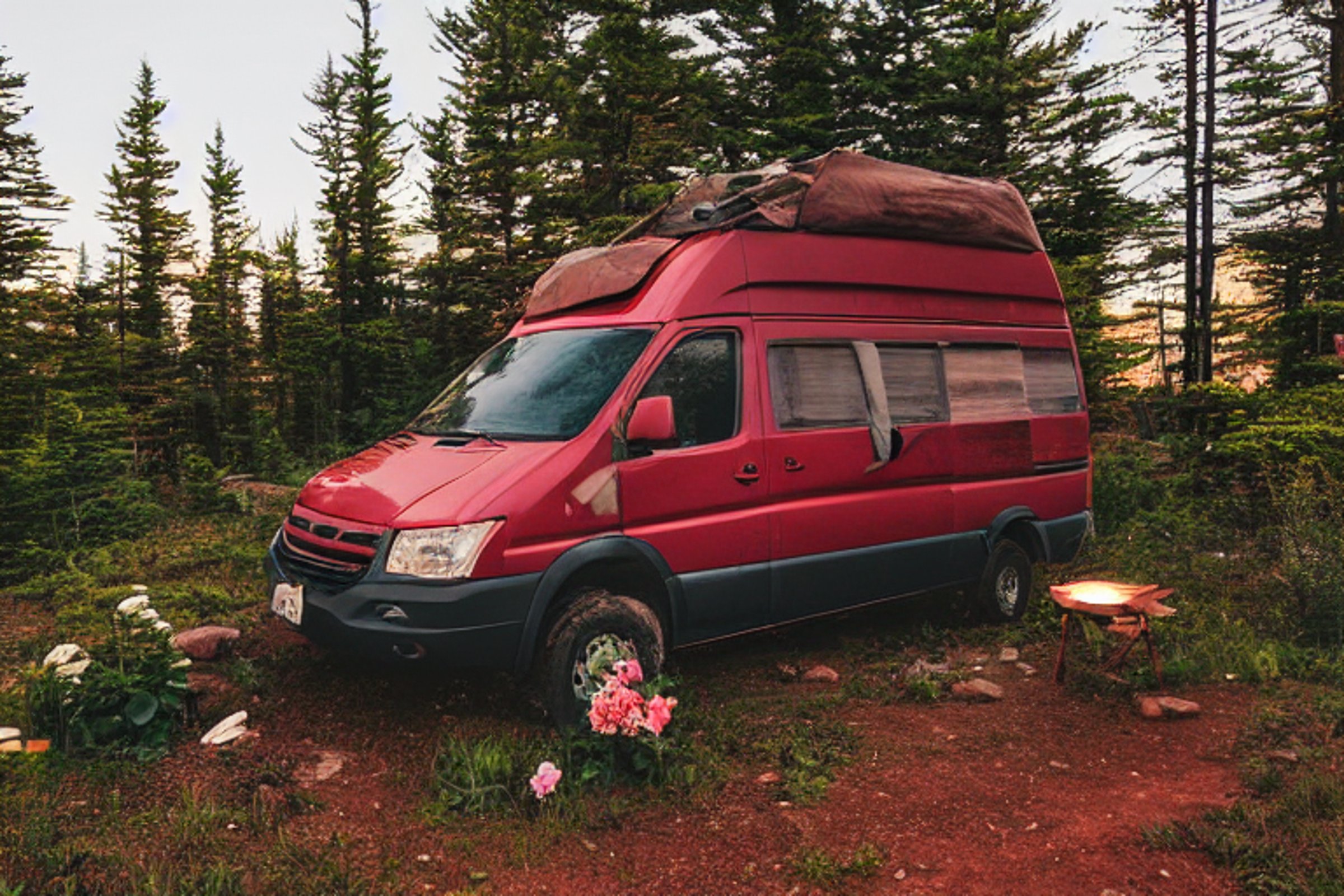 A red camper van rests on a rocky dirt campsite in Acadia National Park. Wildflowers dot the ground as dusk settles over the trees and hills. In the distance, a person’s flashlight adds a small glow to the peaceful scene.