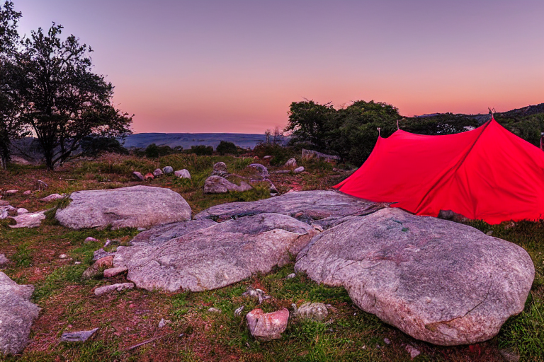A bright red tent glows beside a quiet creek at dusk. Large stone slabs and small flowers surround the dirt campsite, while the clear sky fades above.