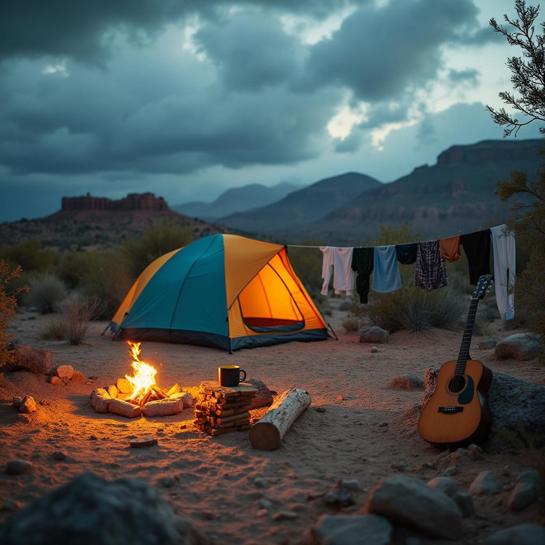 A colorful tent rests beside a desert oasis as dark storm clouds gather at dusk. A warm campfire glows near a mug, firewood, hanging clothes, and a wooden guitar.