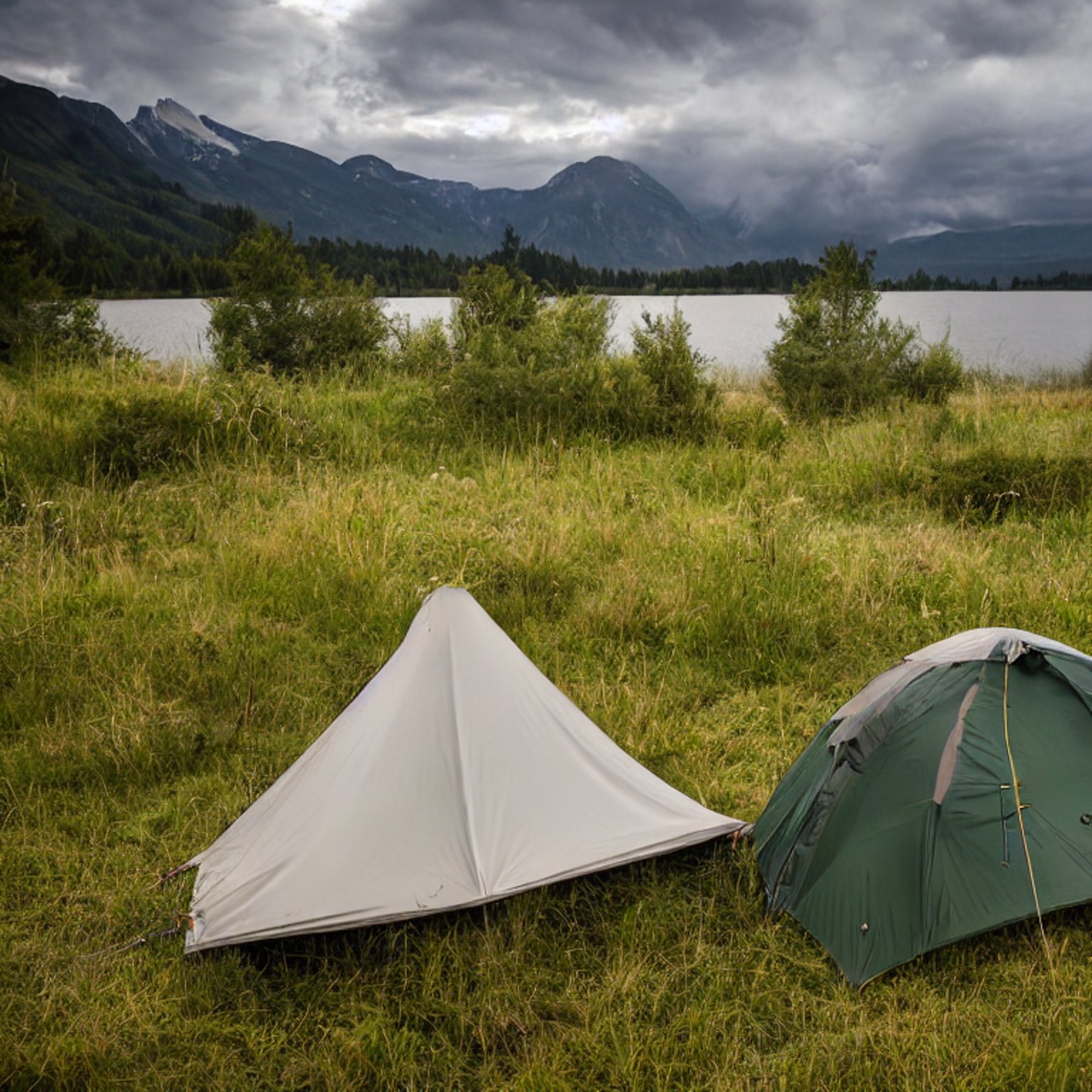 A cozy tent sits on a dirt campsite beside a dark, quiet lake. Tall grass sways in the stormy night air, while hikers gather near a picnic table. Rugged mountains rise in the distance beneath the cloudy sky.