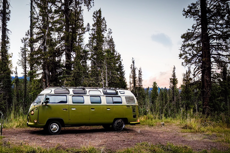 A green camper van rests in a quiet Yellowstone campsite beneath a sky full of stars. A warm campfire glows beside a large log, while a hammock hangs between the trees. A clear stream runs through the peaceful dirt clearing.