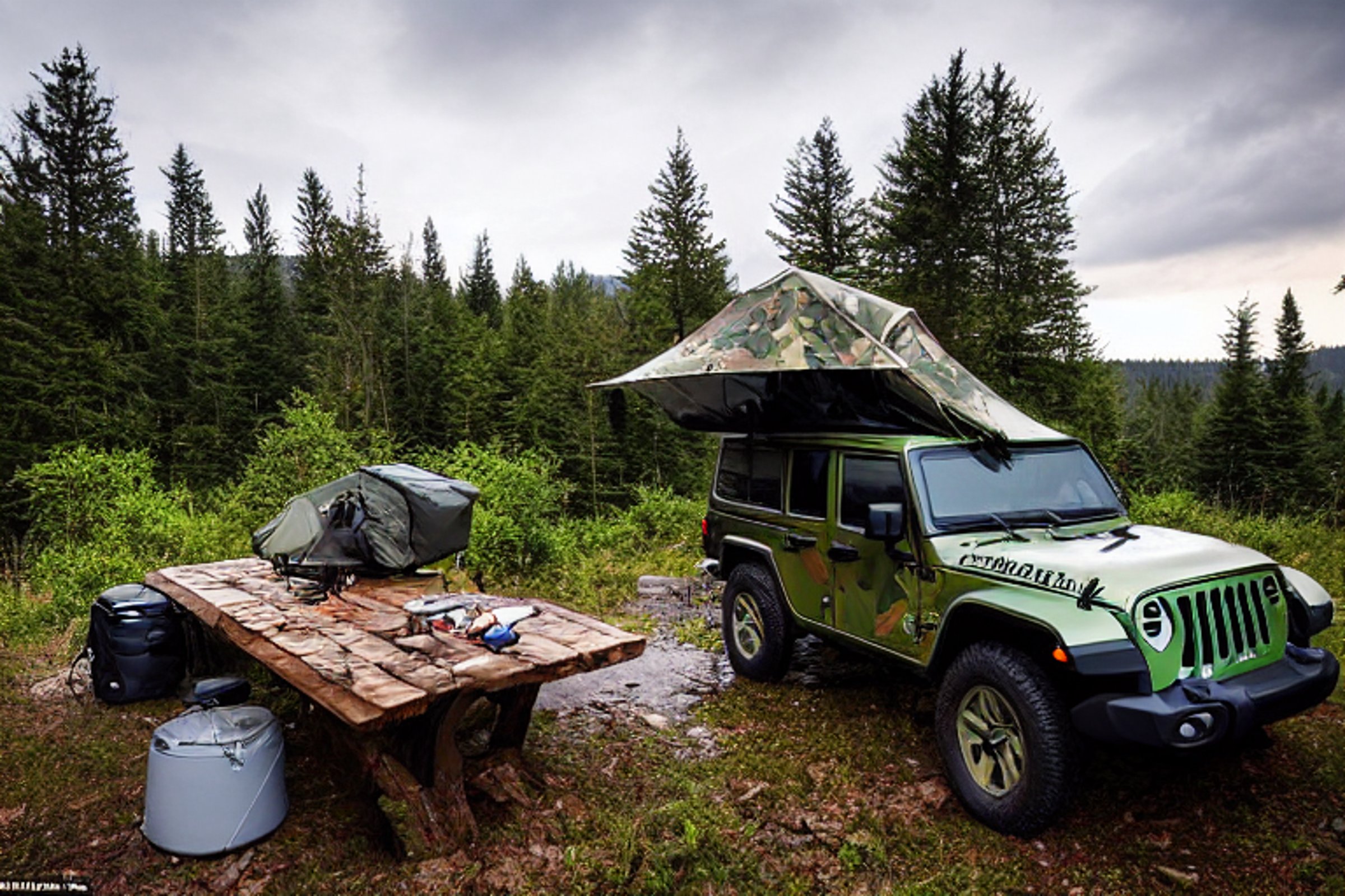 A green camo Jeep with an open rooftop tent rests beside a glowing campfire in a quiet forest. A clear stream winds through the campsite, with a picnic table and camping gear nearby. In the distance, a deer stands beneath the cloudy night sky.