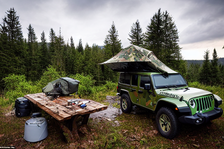 A green camo Jeep with an open rooftop tent rests beside a glowing campfire in a quiet forest. A clear stream winds through the campsite, with a picnic table and camping gear nearby. In the distance, a deer stands beneath the cloudy night sky.