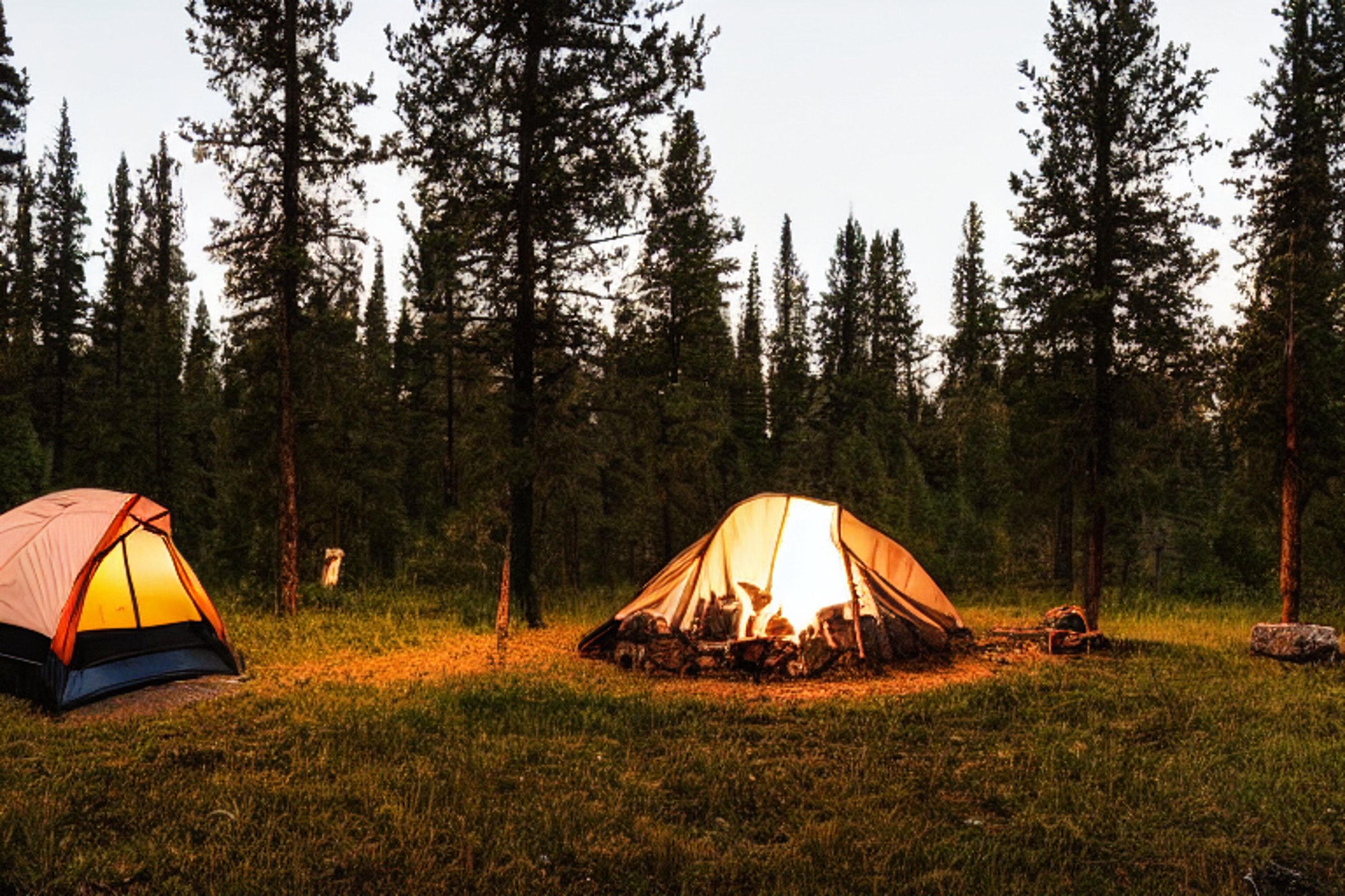 A black tent sits on a dirt patch beneath tall Colorado trees as rain falls at dusk. Hikers gather by a warm campfire, while a hammock hangs between two trees nearby. Wet stones and forest sounds make the campsite feel cozy and wild.