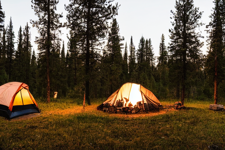 A black tent sits on a dirt patch beneath tall Colorado trees as rain falls at dusk. Hikers gather by a warm campfire, while a hammock hangs between two trees nearby. Wet stones and forest sounds make the campsite feel cozy and wild.