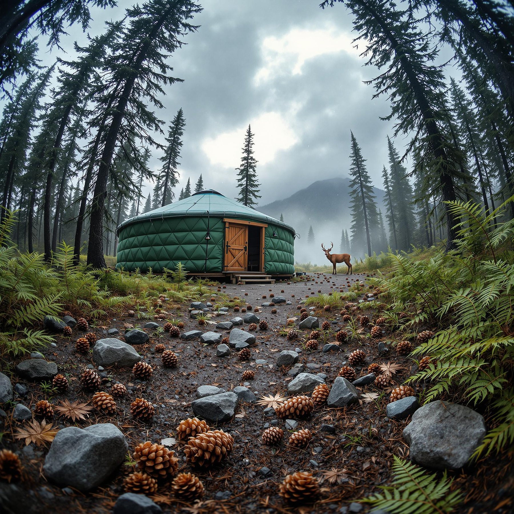 A green yurt rests among tall pines in the wild Alaska forest. Ferns, stones, and pine cones cover the ground, while a deer stands far away. Dark storm clouds give the campsite a quiet, dramatic mood.