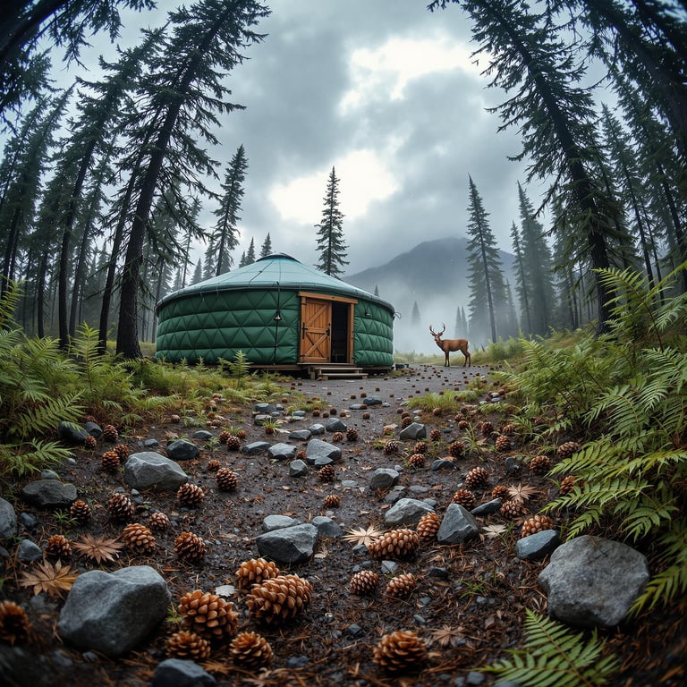 A green yurt rests among tall pines in the wild Alaska forest. Ferns, stones, and pine cones cover the ground, while a deer stands far away. Dark storm clouds give the campsite a quiet, dramatic mood.
