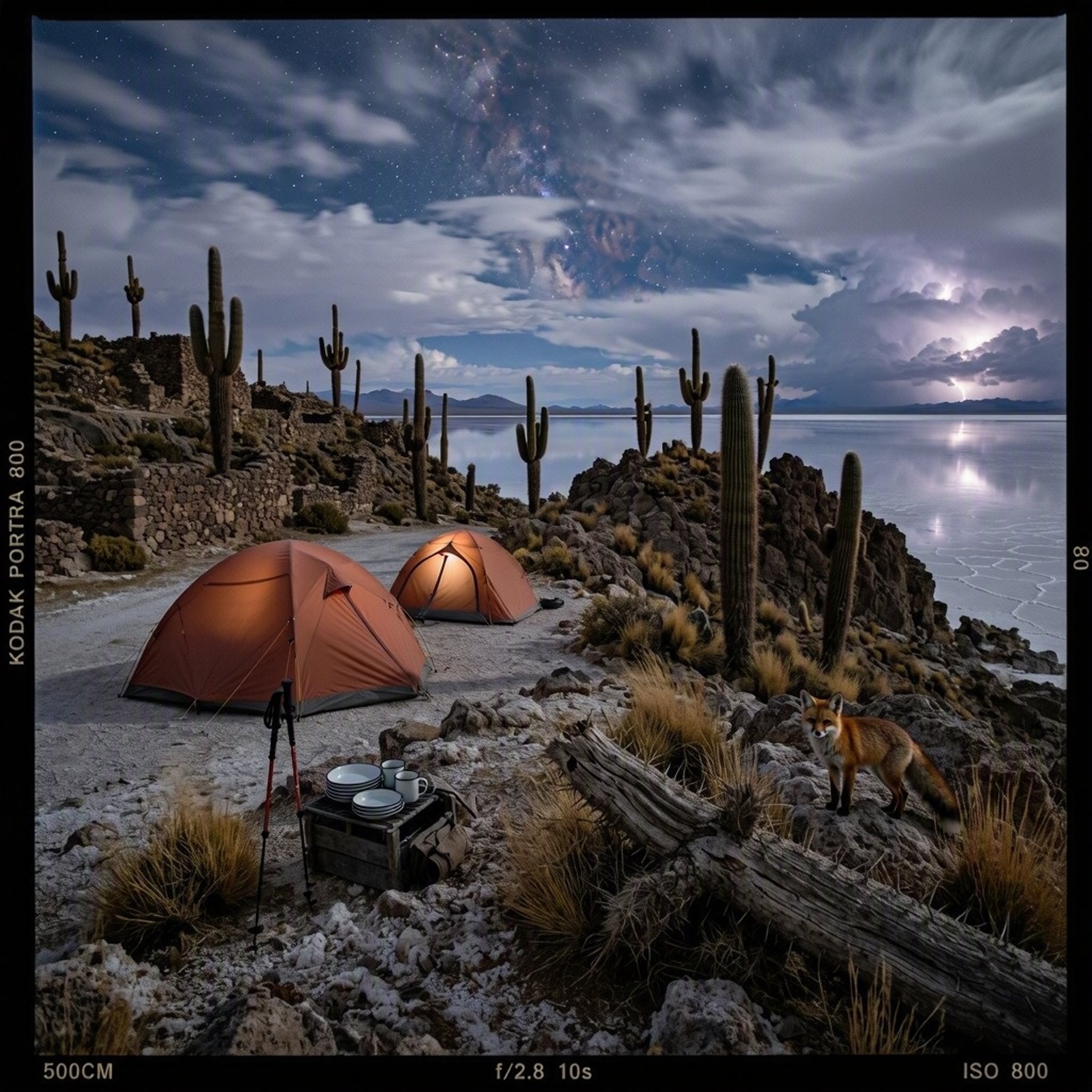 Two terracotta tents rest on the moonlit salt flats beside ancient stone ruins and tall cardón cacti. A red Andean fox watches quietly as stars shine through stormy clouds.