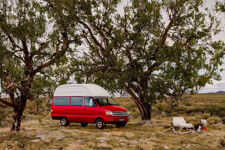 A red and white van rests at a quiet campsite in the New Mexico desert. Golden light shines through mossy trees, while a hammock hangs nearby and storm clouds gather overhead.
