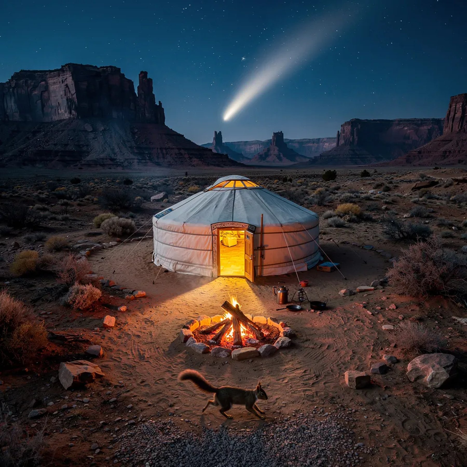In a quiet desert canyon, a cozy yurt glows with warm lantern light on a cold autumn night. A small campfire burns in a stone ring, lighting up the rocky sand and scattered gravel. Above the dark mesas and far mountains, a bright comet streaks across a sky full of stars. A little squirrel dashes past the fire as the whole campsite feels calm and far away.