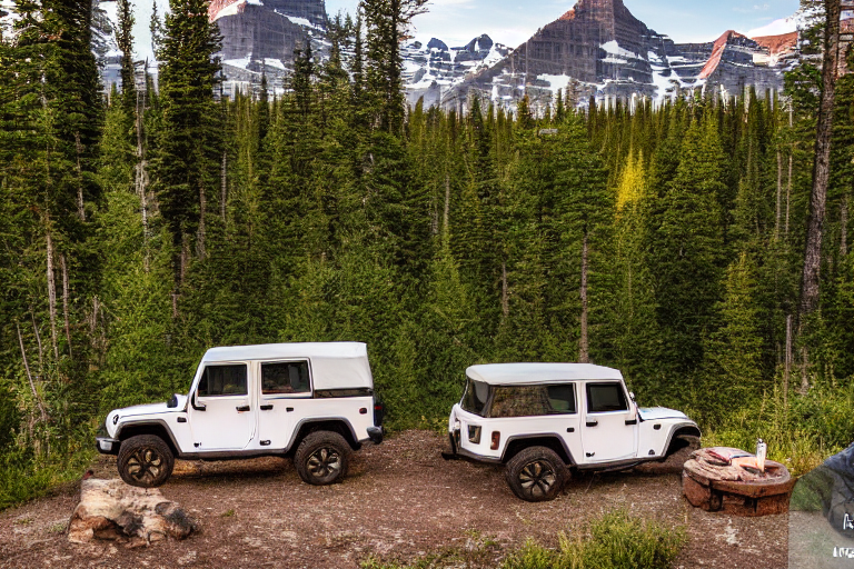 A white Jeep with an open rooftop tent rests beside a warm campfire in a rainy forest. Tall trees, rocky ground, and a dirt trail surround the campsite as the sun sets over Glacier National Park. A distant hiker’s flashlight adds a tiny glow to the quiet evening.