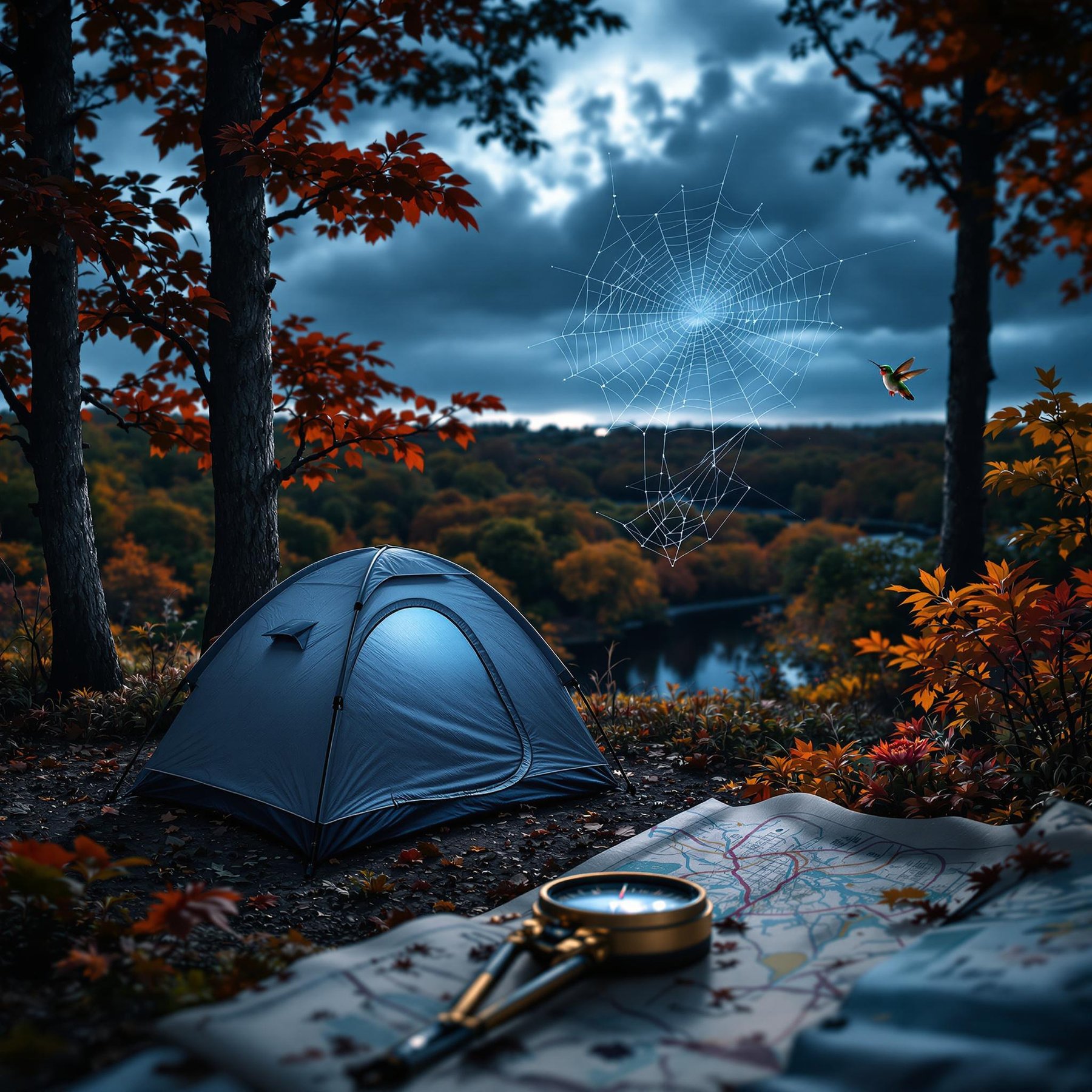 A cozy tent rests under colorful autumn trees, overlooking a calm river. A dewy spider web glistens in the cool, misty air. Nearby, a compass and map lie ready for the next woodland adventure.
