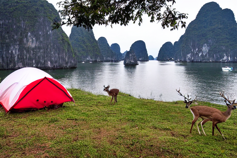 A red and white tent glows beside a warm campfire in the rocky hills of Halong Bay. Hikers gather nearby, while a deer stands quietly in the distance beneath the cloudy night sky. Mountains rise behind the peaceful campsite.