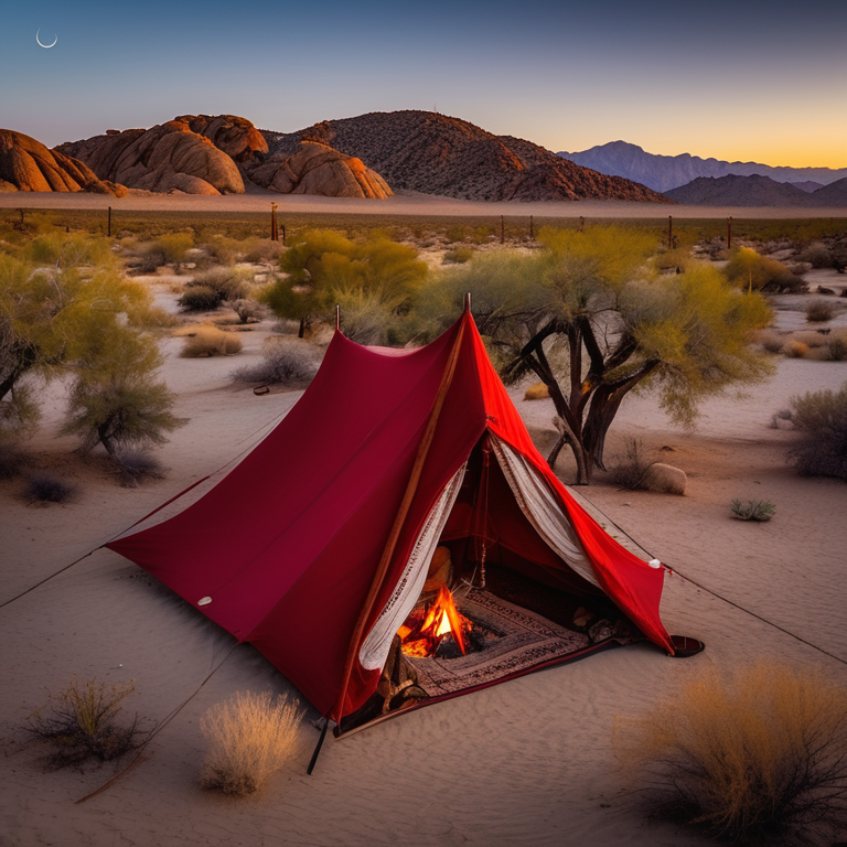 A red tent rests on a quiet dirt campsite in Joshua Tree National Park. Small trees and distant mountains surround the camp, while a warm fire glows beside the logs. A hammock hangs nearby under the clear evening sky.