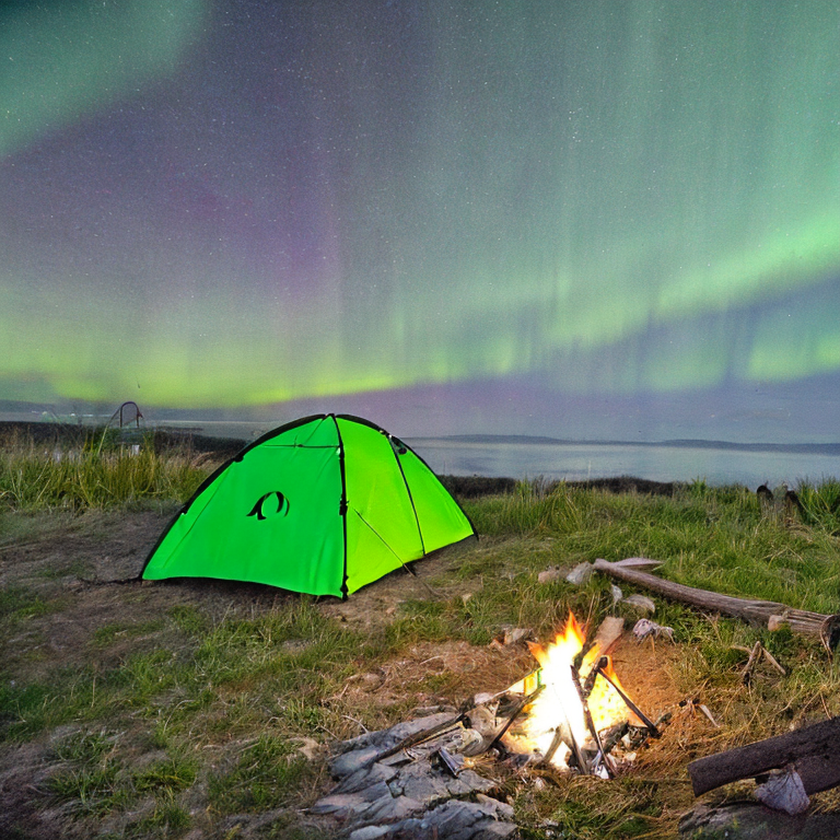 A green tent rests beside a rainy campsite on the Maine coast. Tall grass, scattered stones, and camping gear surround a warm campfire, while bright northern lights glow across the night sky.