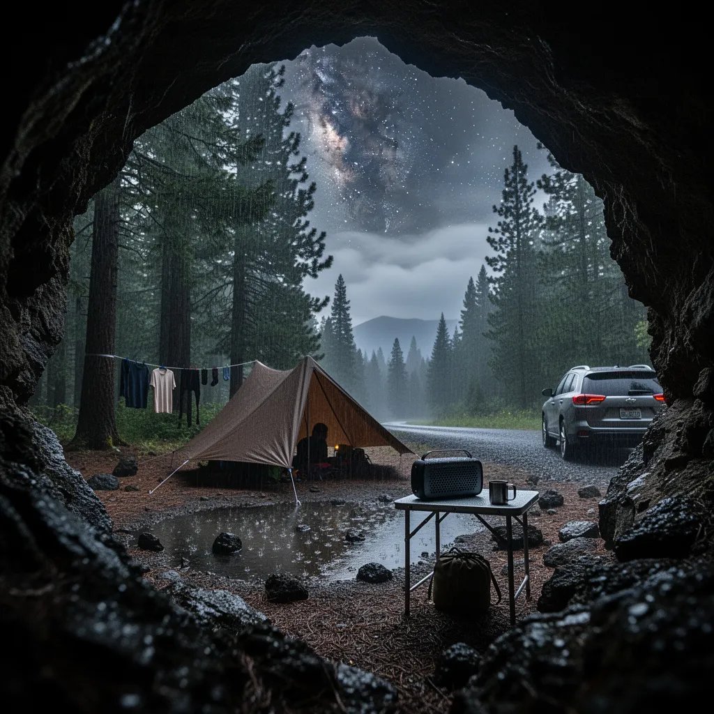 A rugged stone arch frames a rainy forest campsite, where wet pine needles and dark volcanic rocks shine in the puddles. A low brown tarp shelter glows softly from a headlamp, with damp shirts and socks hanging nearby. Clouds drift apart to show faint stars and a hint of the Milky Way above the quiet clearing.