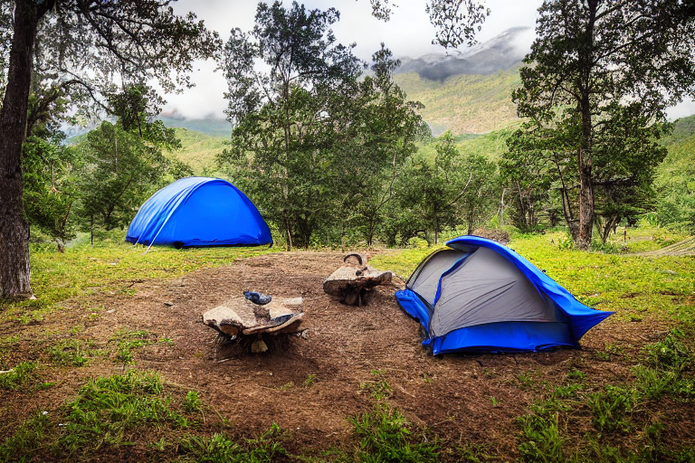 A blue tent rests beside a warm campfire on a dirt clearing near a quiet river. A hammock hangs between the trees, while a mountain rises in the distance under a stormy sunset sky. Fallen leaves cover the ground around the peaceful campsite.
