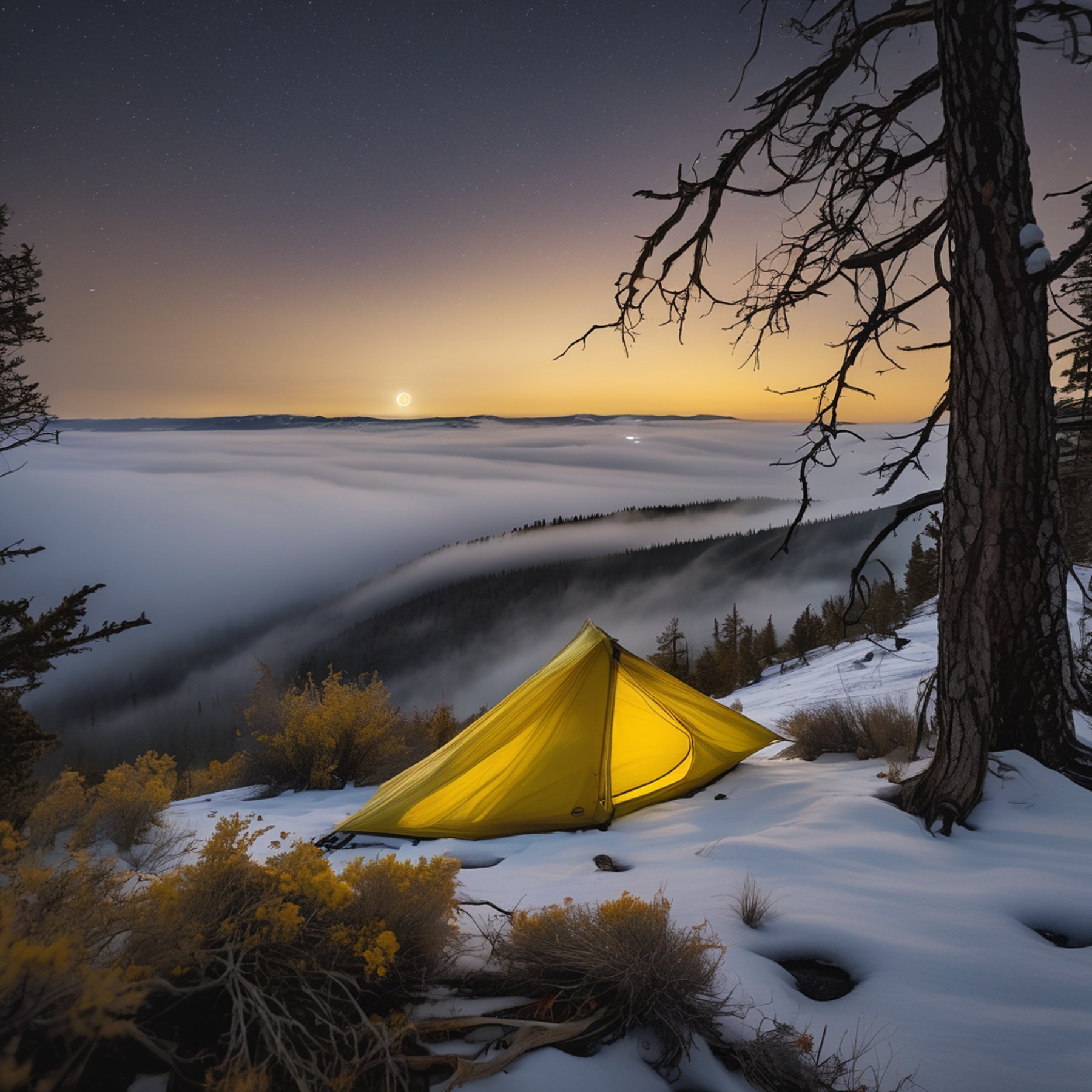 A bright yellow bivy sack rests beneath a full moon in snowy Montana. A hammock hangs between two trees, while mist rises from a nearby river. Rolling hills and rough ground create a wild, peaceful campsite.