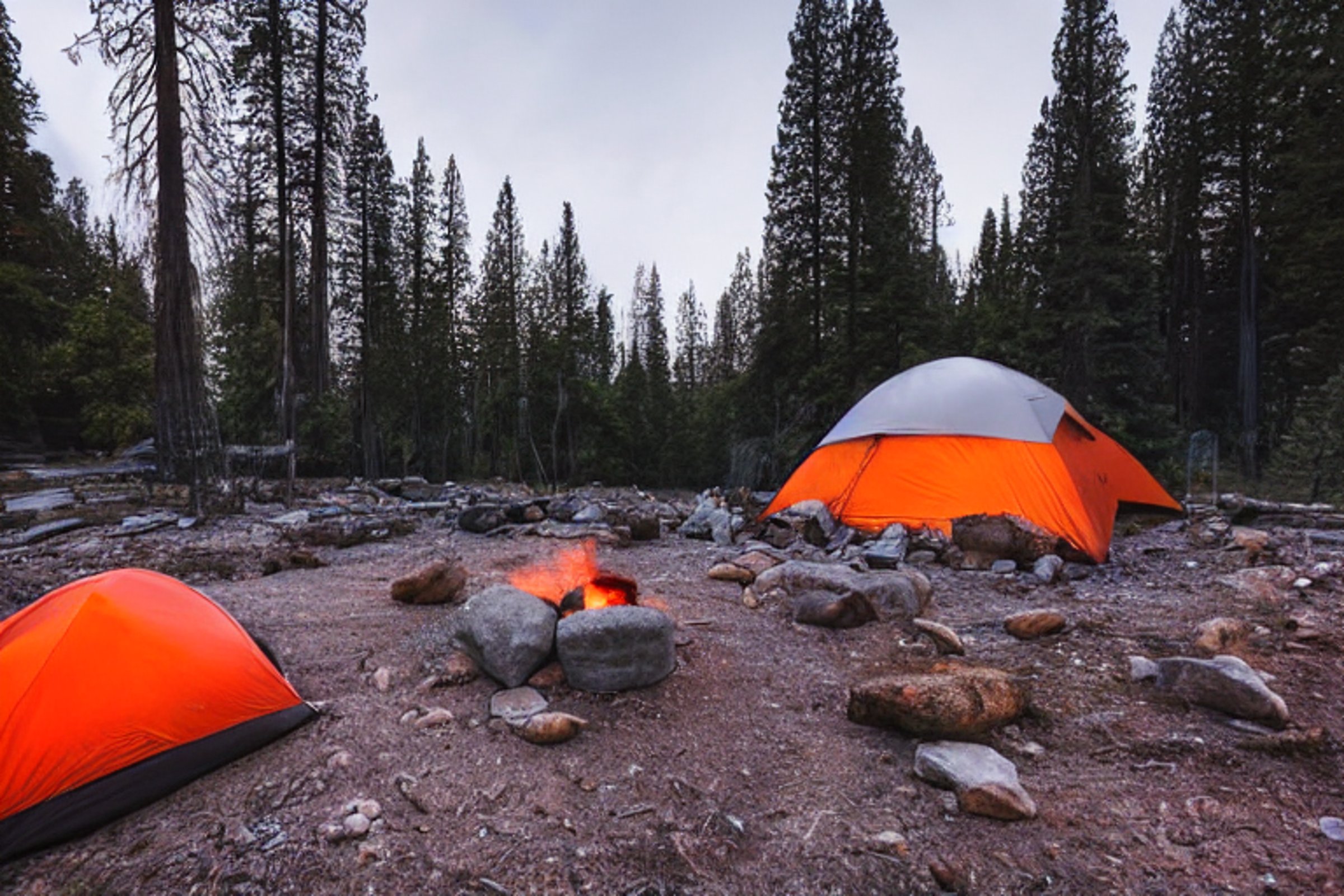 A gray and orange tent rests on a dirt clearing beneath Yosemite’s clear night sky. A warm campfire glows among a ring of stones and logs, while bushes surround the peaceful campsite. In the distance, a camper’s flashlight shines softly.