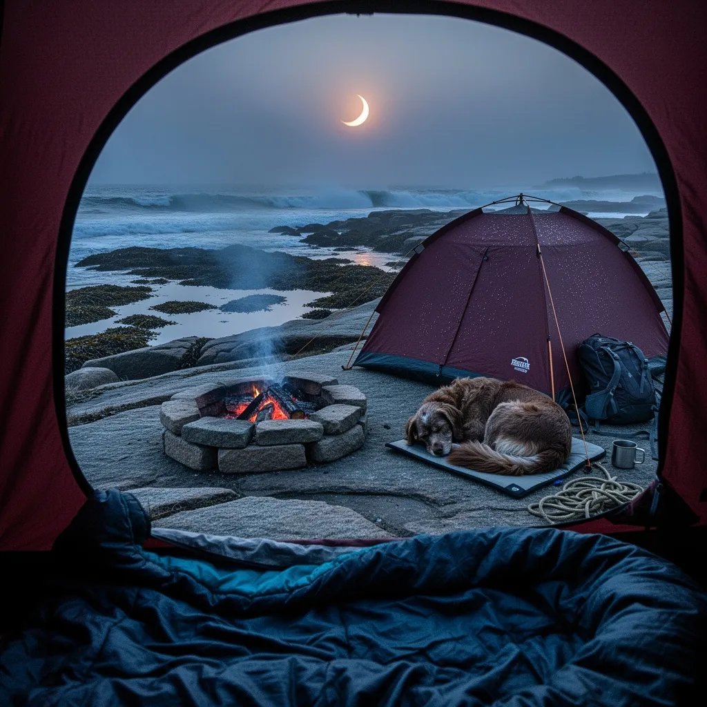 You wake up in a cozy tent on a rocky Maine cliff, watching waves crash on the shore at low tide. A sleepy dog curls by the soft glow of a campfire as a rare dawn eclipse turns the sky cool and dim.