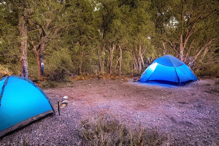 A gray and blue tent rests in a grassy clearing beneath a star-filled sky. A warm campfire glows among stone-ringed logs, while a wooden guitar lies nearby. The quiet Big Bend campsite feels cozy and peaceful in the rainy night.