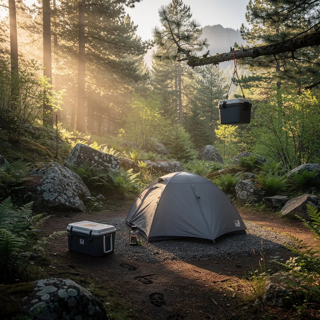 Soft golden sunlight slips through tall pine trees and lights up a small, misty clearing. A slate-gray tent sits on a flat spot beside a cooler, with dew shining on ferns and pine needles. Big granite rocks ring the campsite, and quiet footprints trail through the damp soil. A bear-proof food container hangs from a strong branch, swaying gently in the cool mountain air.