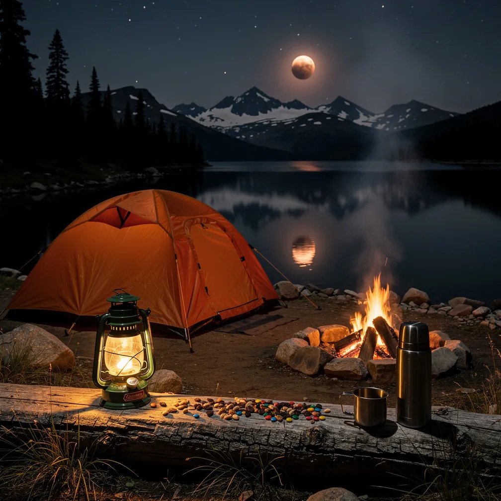 A burnt-orange tent sits by a quiet alpine lake, where the water is so still it reflects the dark sky. A small campfire and an old lantern glow warmly on the packed earth, making soft shadows. Nearby, a weathered log holds spilled trail mix and a metal thermos of hot coffee. The moon looks dim from an eclipse, and faint stars shimmer in the lake.