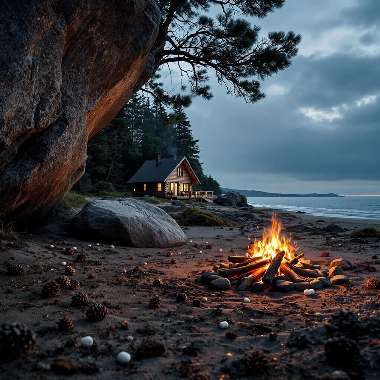 A cozy cabin glows warmly by the sea, nestled among towering trees and large rocks. The crackling campfire by the beach casts a dancing light on the sand, surrounded by fallen pinecones. It's a peaceful spot where the ocean meets the forest, perfect for a serene night under the stars.