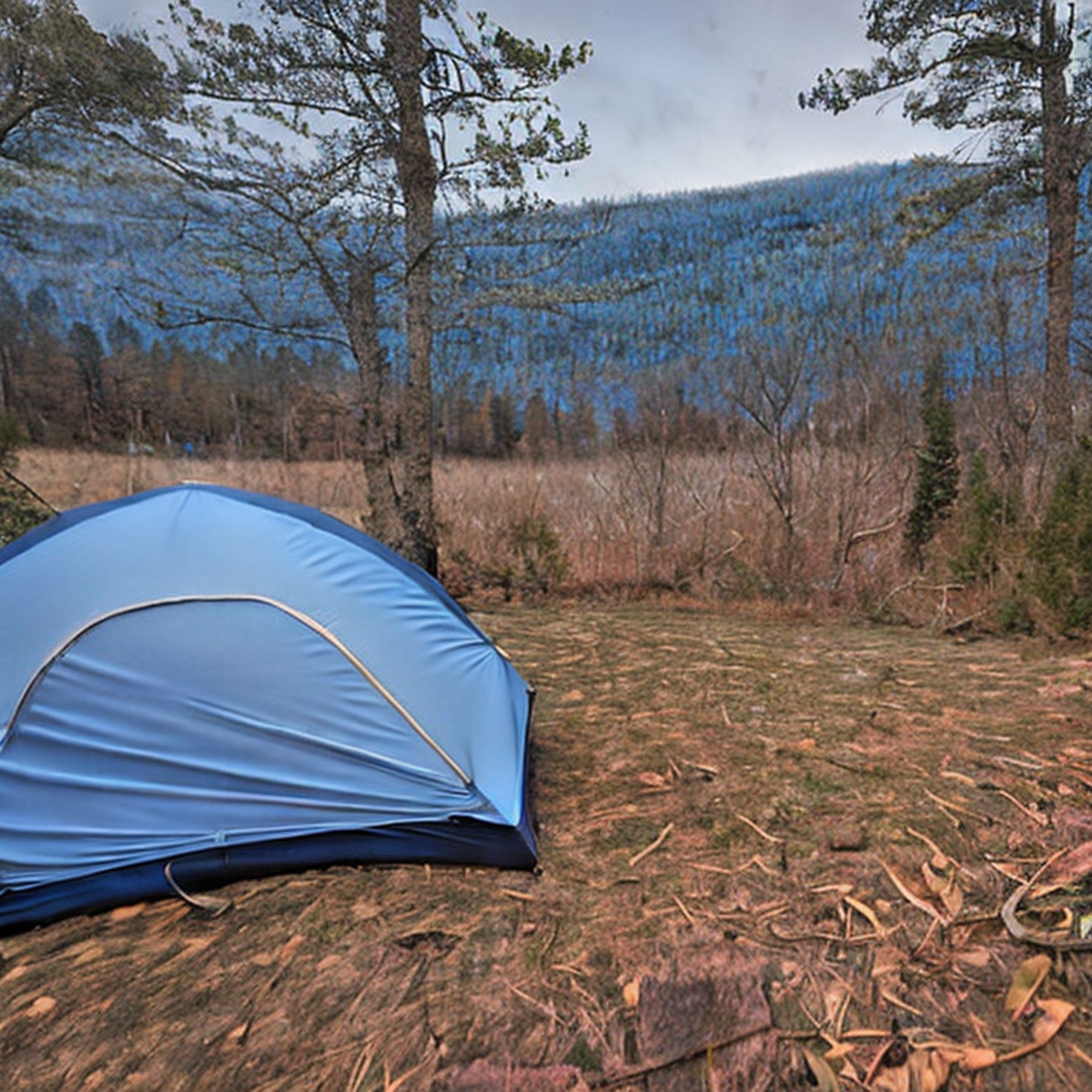 A gray-blue tent rests on a quiet, snowy campsite in the Smoky Mountains. Small trees and fallen leaves surround the dirt ground, while bright northern lights glow above. A backpack sits nearby, adding to the feeling of adventure.