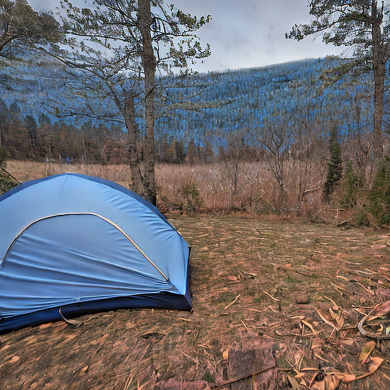A gray-blue tent rests on a quiet, snowy campsite in the Smoky Mountains. Small trees and fallen leaves surround the dirt ground, while bright northern lights glow above. A backpack sits nearby, adding to the feeling of adventure.