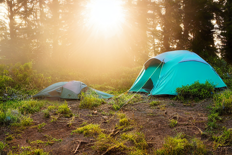 A teal tent rests on a quiet dirt patch in Big Sur as the sun sets through the fog. Overgrown grass, berry bushes, and a wooden guitar give the campsite a cozy, wild feel. In the distance, a camper’s flashlight glows softly.