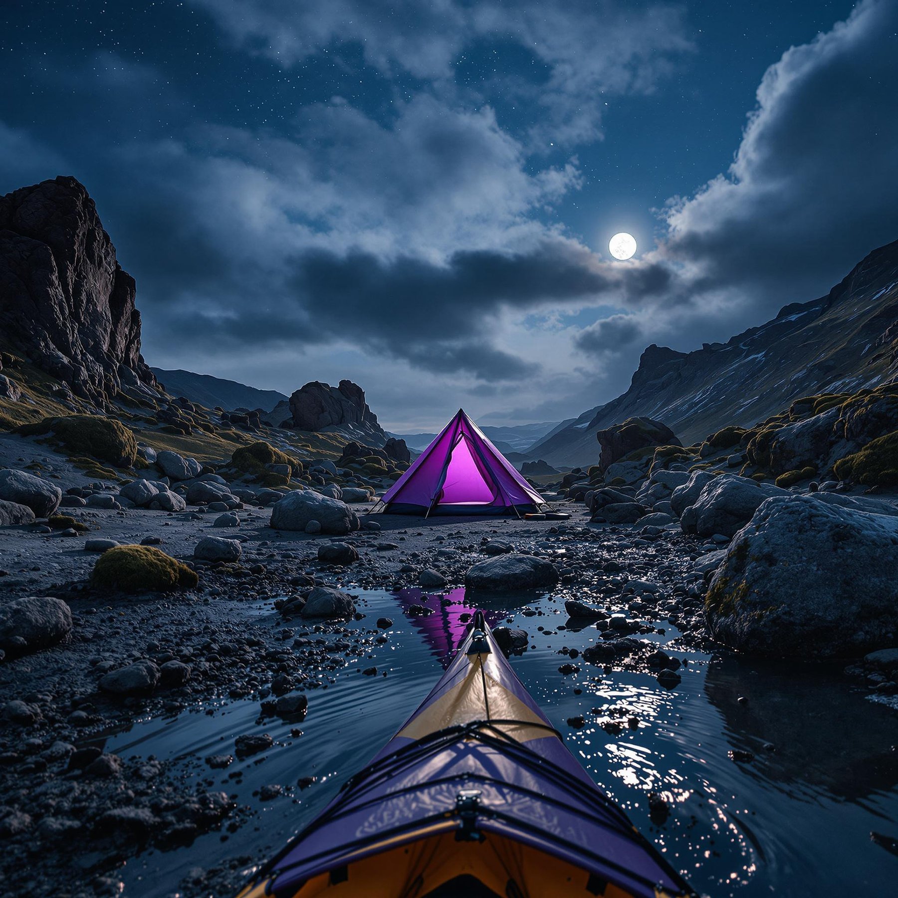 A glowing purple tent sits by a rocky stream, surrounded by tall mountains under the bright full moon. The sky is filled with stars, making the night feel magical. This campsite is perfect for adventure and peaceful stargazing.