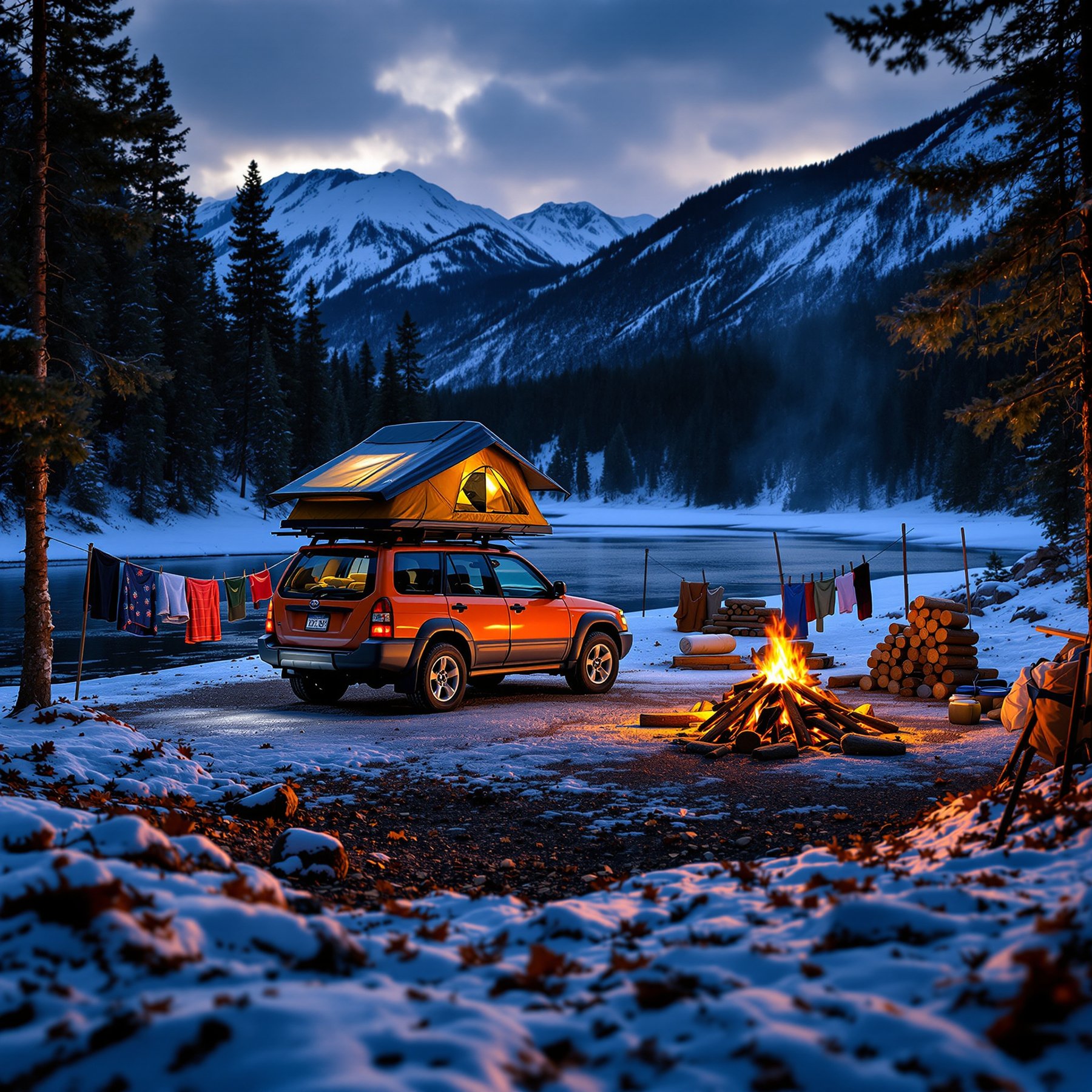 This cozy campsite sits by a snowy lake, surrounded by tall pine trees and mountains. A warm campfire glows near a car with a rooftop tent lit up for the night. Clothes hang to dry as the sun sets behind the peaceful, snowy hills.