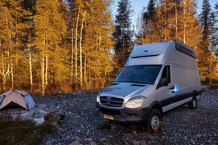 A cozy camper van rests at a quiet campsite in snowy Norway. Bright stars and a distant moon shine above colorful fall trees, while a berry bush and camping gear add charm nearby.