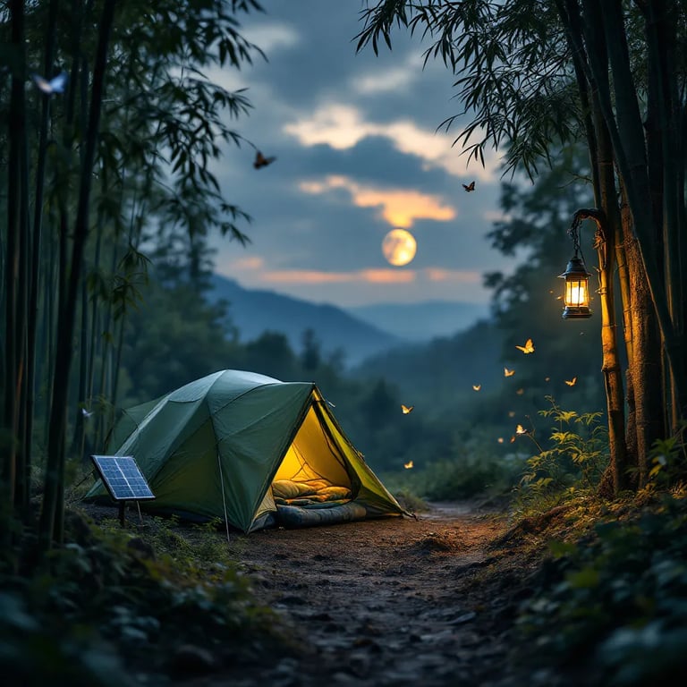A cozy tent rests beside a dirt path in a quiet bamboo forest at twilight. A warm lantern hangs from a tree, while a solar panel charges a nearby battery pack. Butterflies drift through the cool, cloudy air beneath the distant moon.