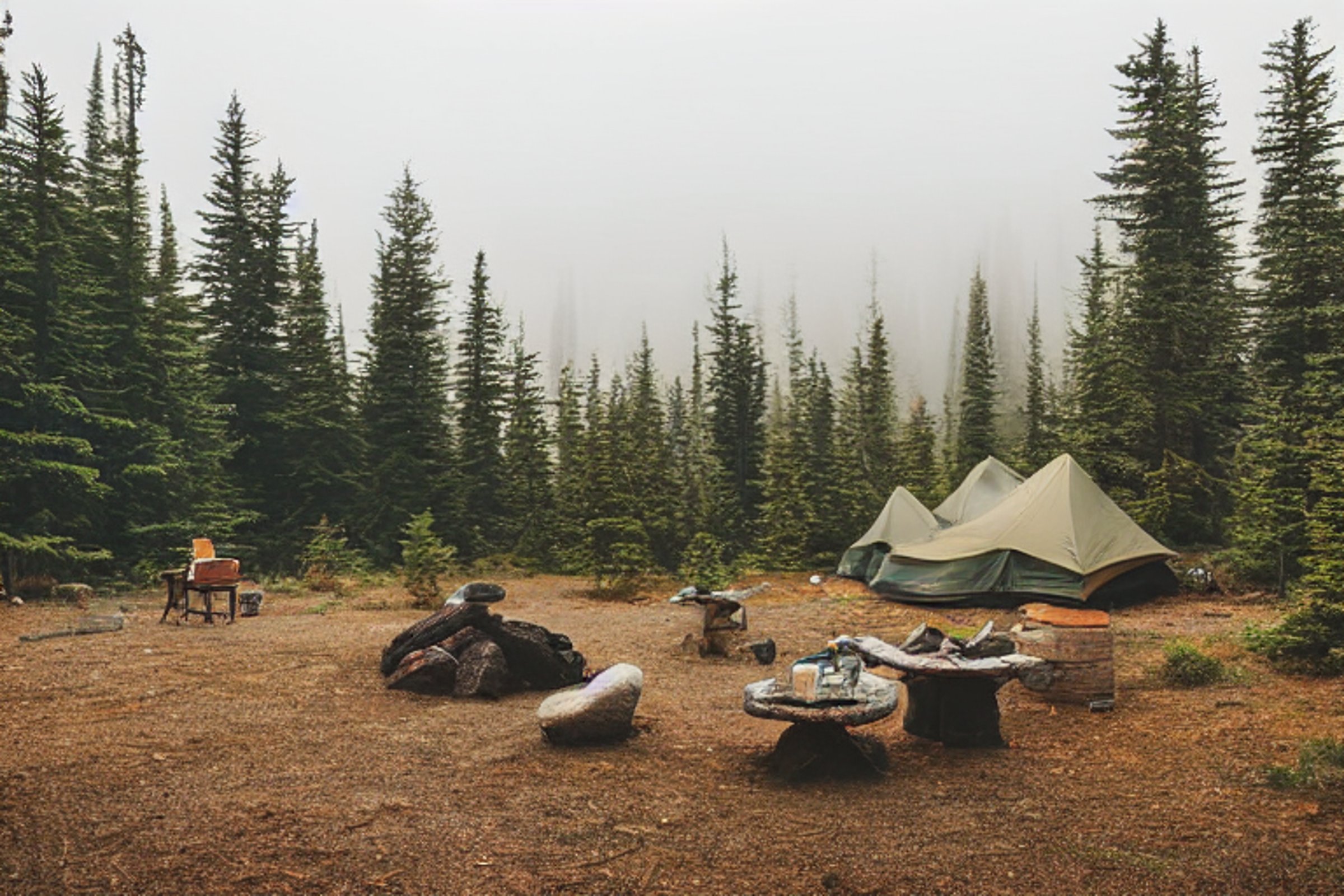 A brown tent rests beside a small campfire near the foggy shore. Ferns and boulders surround the campsite, while waves roll nearby. Camping chairs and a small stove make the peaceful spot feel ready for adventure.