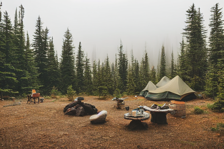 A brown tent rests beside a small campfire near the foggy shore. Ferns and boulders surround the campsite, while waves roll nearby. Camping chairs and a small stove make the peaceful spot feel ready for adventure.