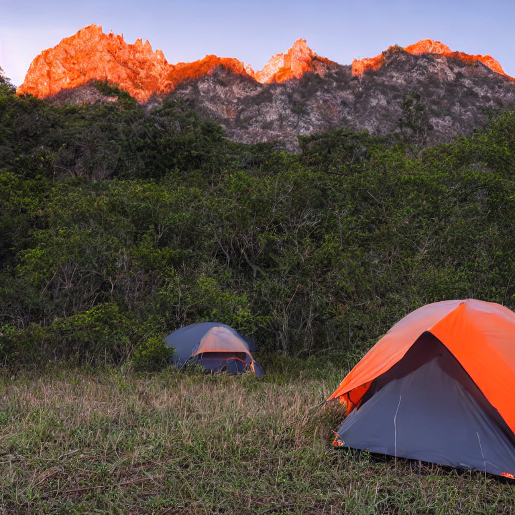 A gray and orange tent rests on a dirt campsite as the sun rises over rolling hills. Tall grass surrounds the clearing, while a distant camper’s flashlight glows beneath the clear sky.