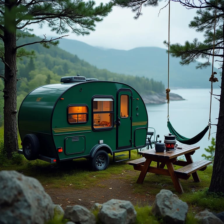 A forest-green camper rests among misty coastal trees in Maine, with mountains rising in the distance. A picnic table holds a camping stove, while a hammock and rope swing hang from sturdy branches. Ancient petroglyphs mark the nearby rocks as a storm rolls in.