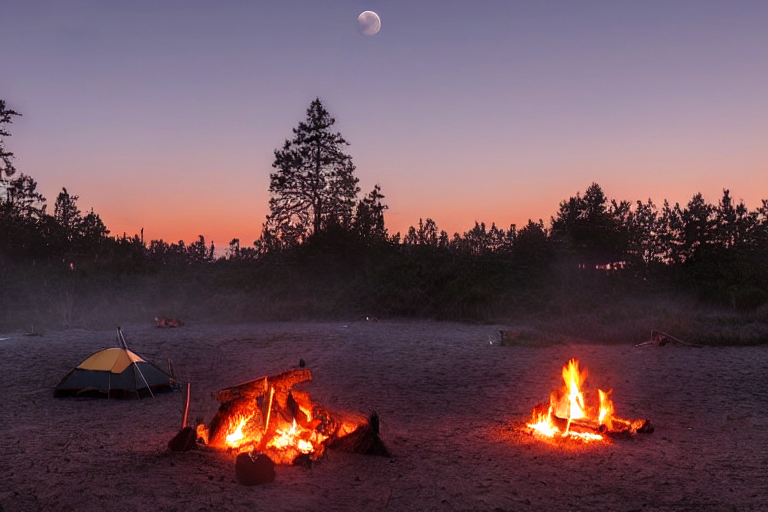 A tan tent rests in a quiet beach campsite as the sun sets through the fog. A warm campfire glows beside the logs, while clothes hang from a nearby line. Large trees frame the scene, with a pale moon rising in the sky.