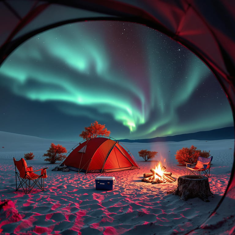 A red tent rests on the pale sands beneath glowing northern lights. A warm campfire, folding chairs, and a cooler create a cozy camp, while a nearby volcano sends a dusty lava flow across the dark landscape.