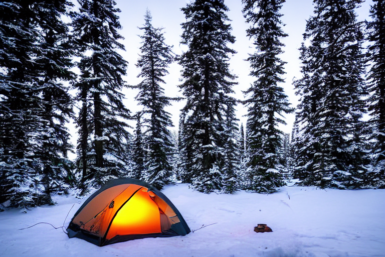 A black tent glows softly beneath a star-filled sky in snowy Banff National Park. A warm campfire crackles on the dirt, with chairs nearby and tall trees all around.