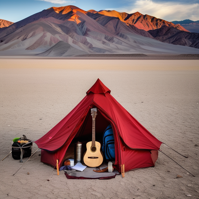 A bright red tent rests on a dusty campsite in Death Valley. A small campfire, lantern, backpack, and wooden guitar create a cozy outdoor feeling. Rugged mountains rise in the distance beneath a cloudy sky.