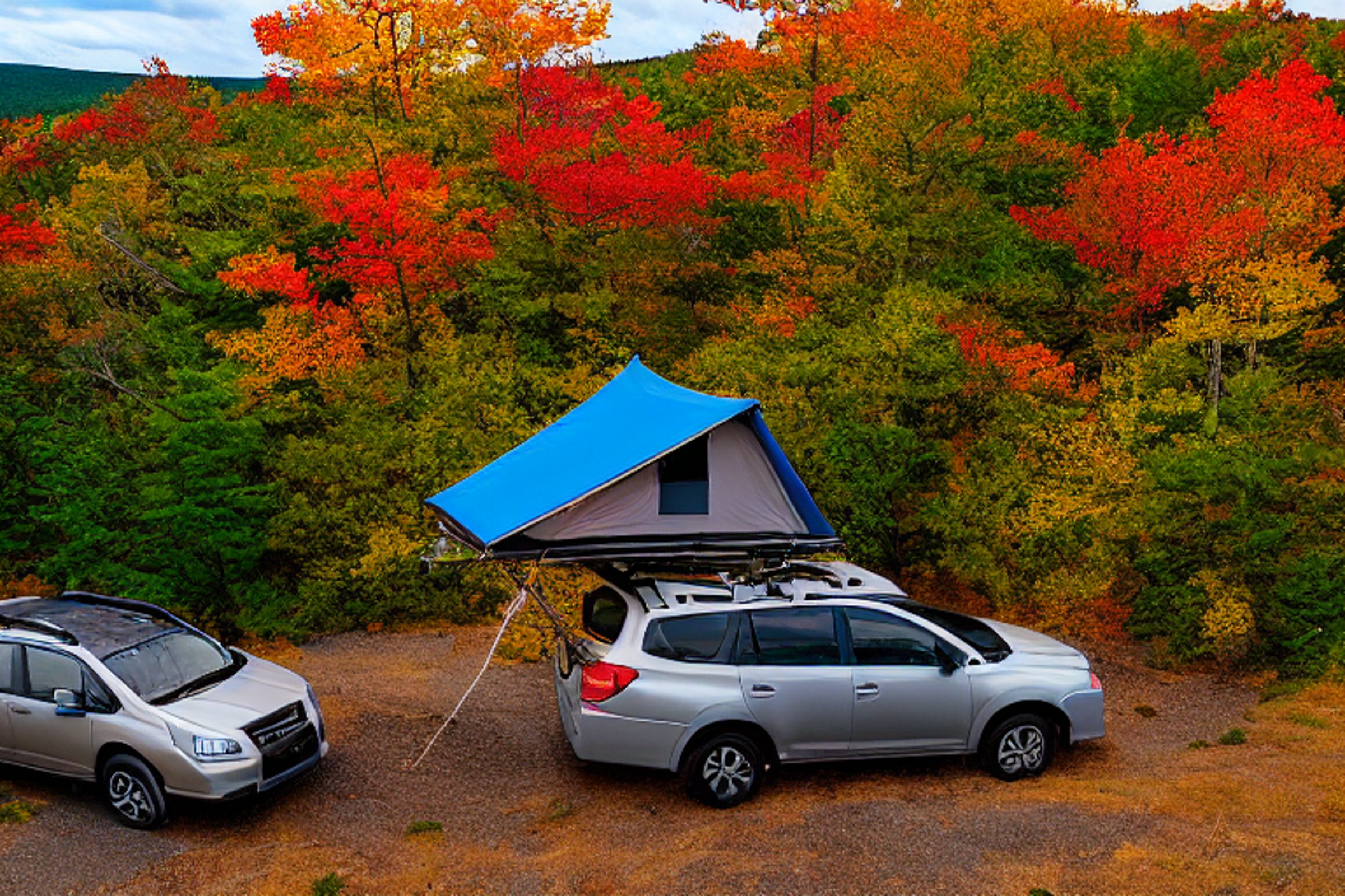 A tan Subaru with its rooftop tent open rests at a sunny campsite in Acadia National Park. Fall-colored trees and tall mountains surround the dirt camp area, creating a bright and peaceful outdoor escape.