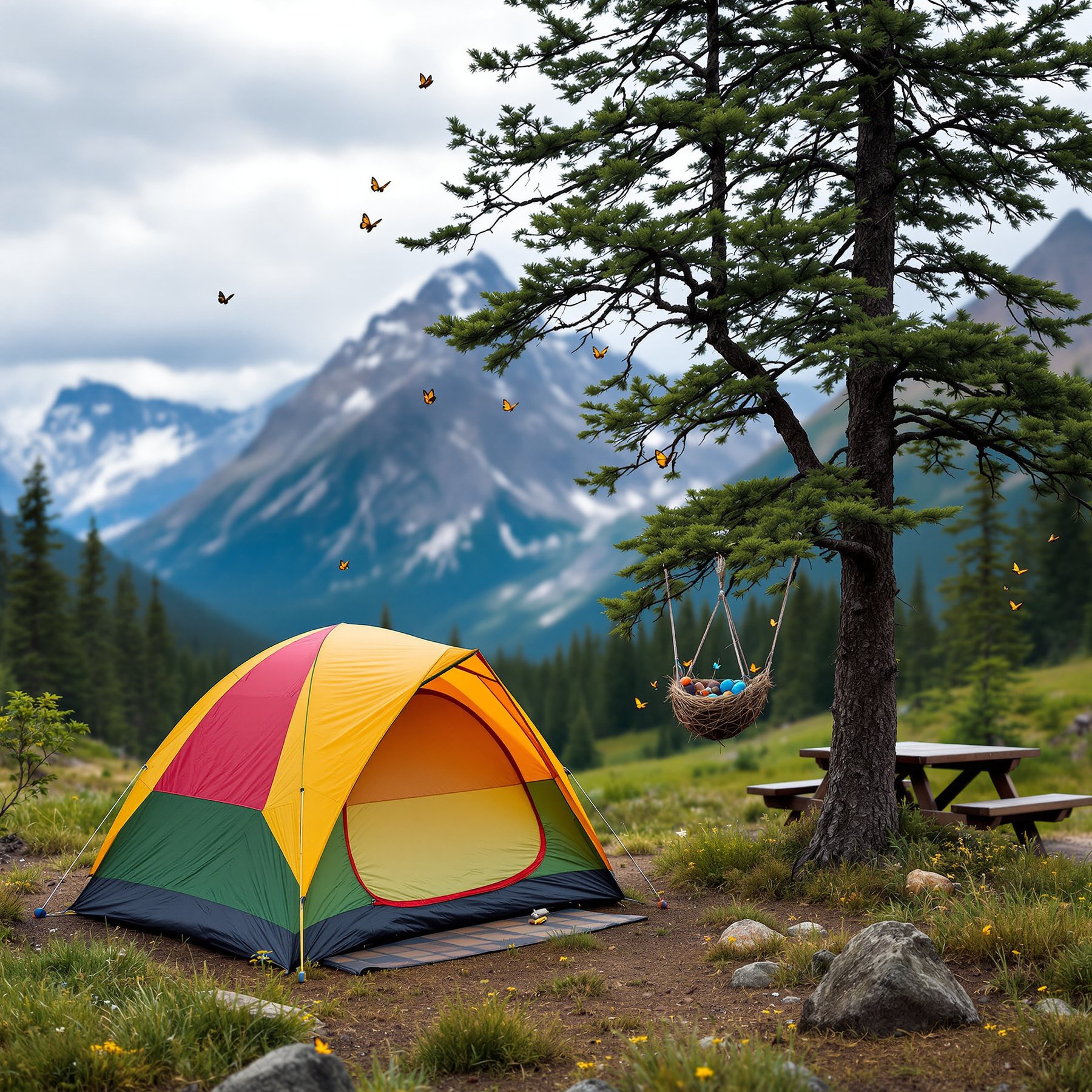 A colorful tent sits on soft grass, surrounded by tall trees and snowy mountains. Butterflies float in the air, and a cozy swing hangs from a nearby tree. It feels quiet and magical, perfect for a fun camping trip.