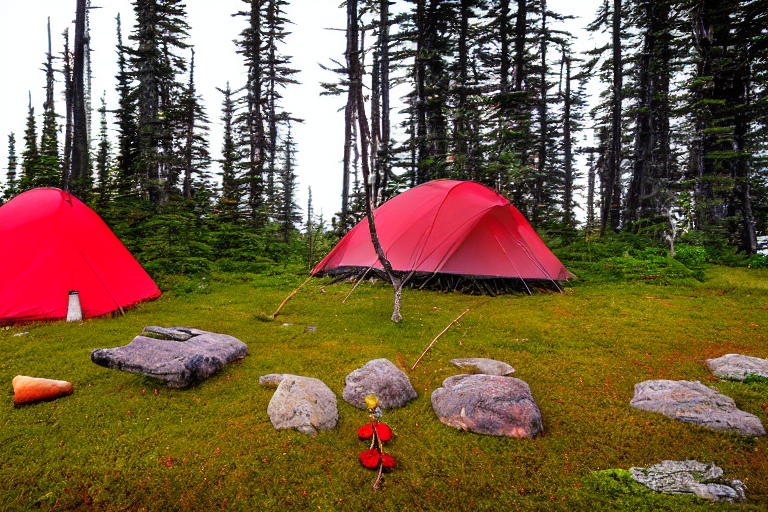 A bright red tent rests beside a warm campfire in Isle Royale National Park. Mossy trees, wildflowers, stones, and twigs surround the dirt campsite. Soft fog and golden sunset light create a peaceful woodland mood.