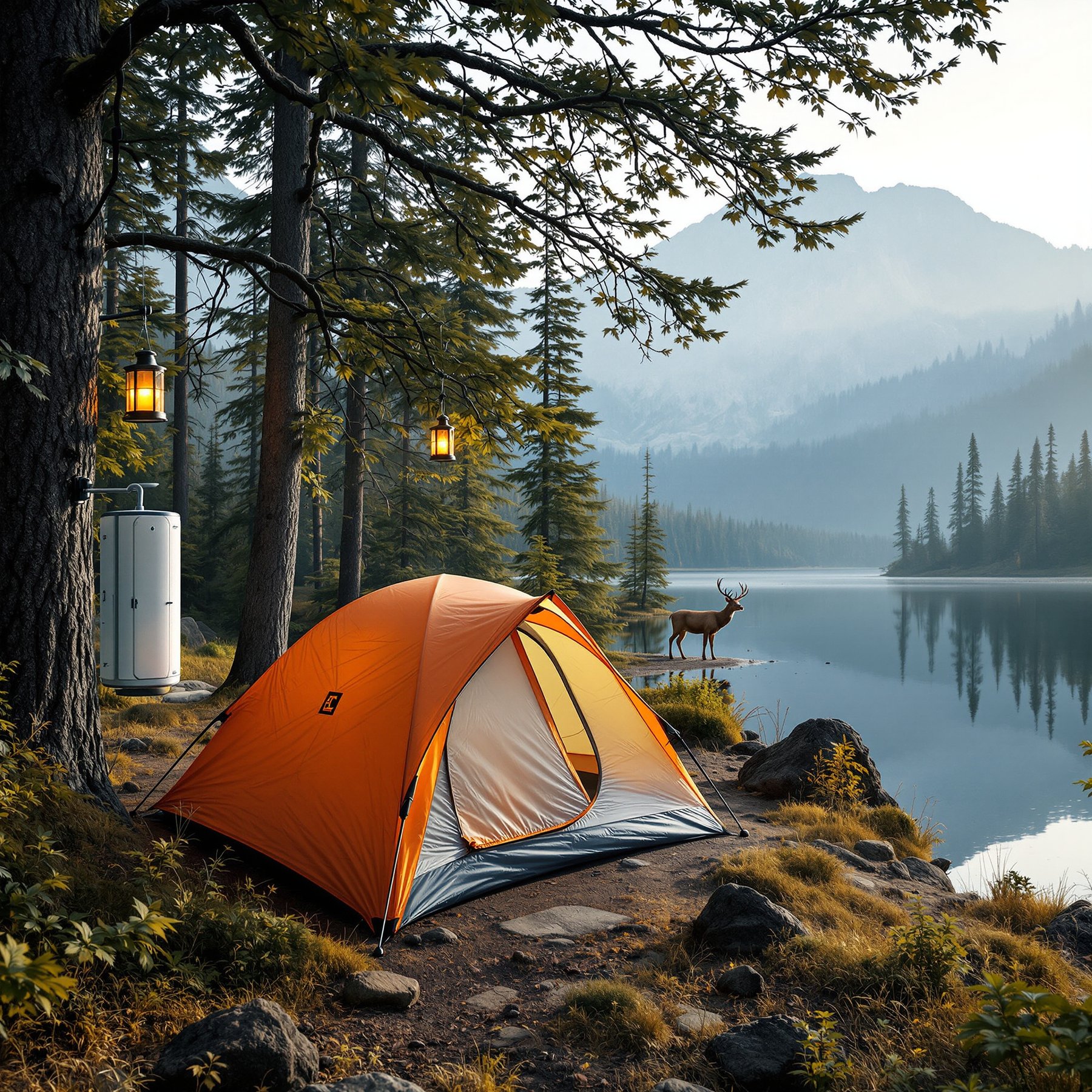 A gray and orange tent rests in the quiet Alaska wilderness beside a shining lake. Tall trees sway in the breeze, while a deer walks in the distance. A hanging lantern and a small outdoor shower add comfort to this peaceful camp.